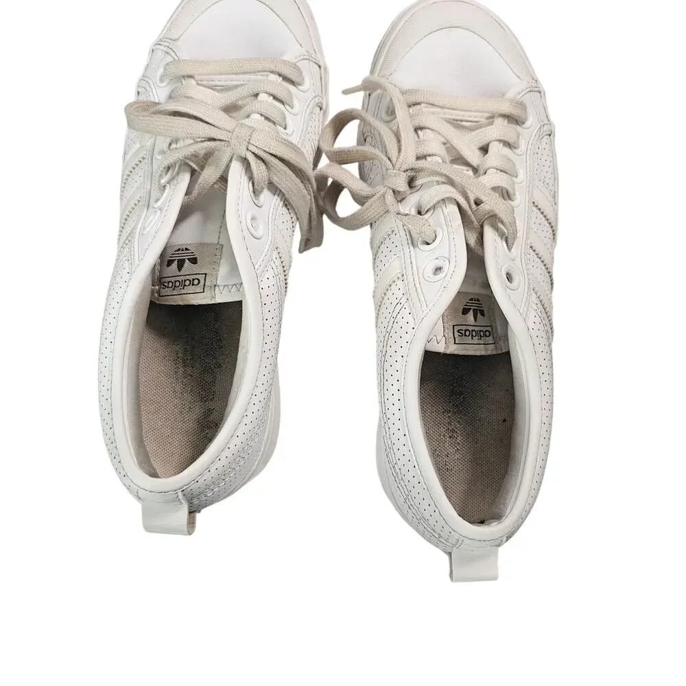 Adidas Women's Nizza Platform Triple White Perforated Sneaker Shoes, Size 10